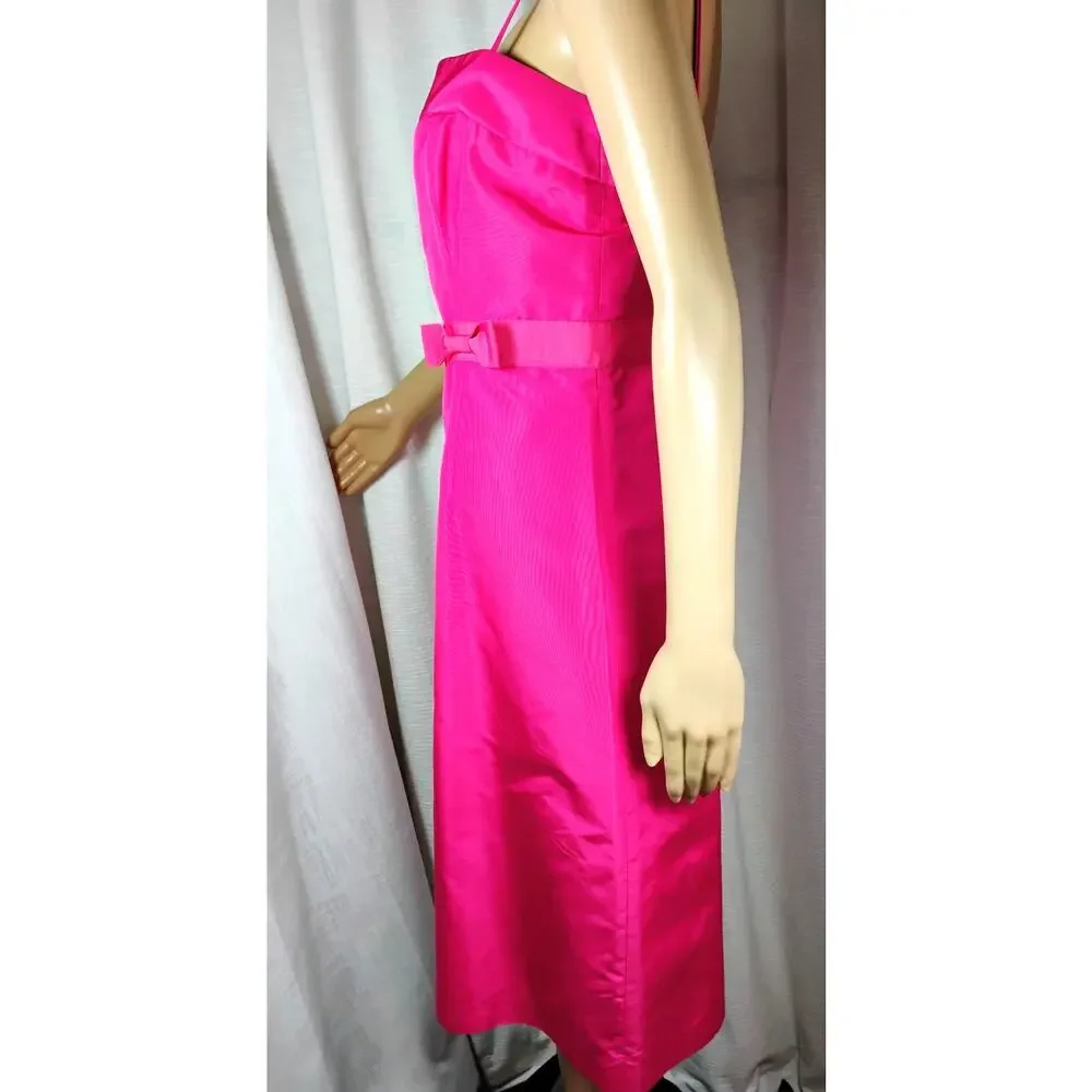 J Crew Womens 16 Hot Pink Silk Taffeta Dress AB Crescent Brooch Spaghetti Strap